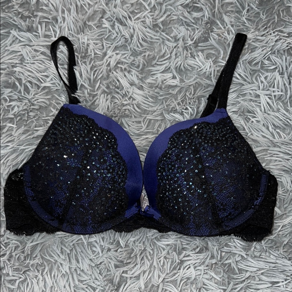 Victoria Secret Elegant Black and Purple Embellished Bra 34C
